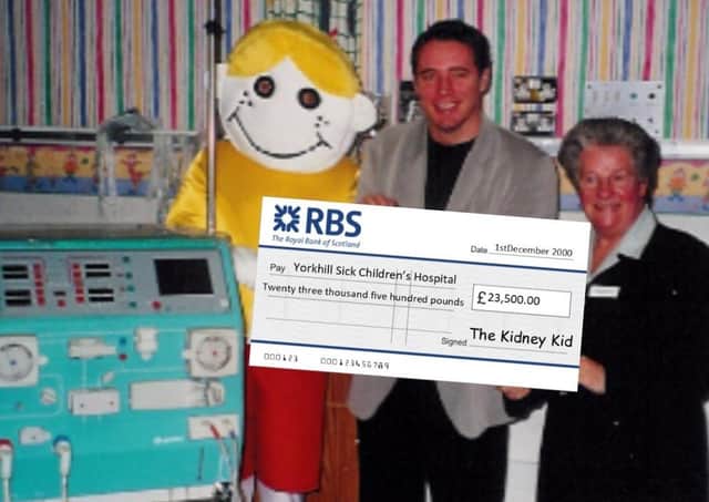 Kidney Kids Scotland's first ever presentation to Yorkhill Hospital 20 years ago, with a very youthful Ally McCoist.