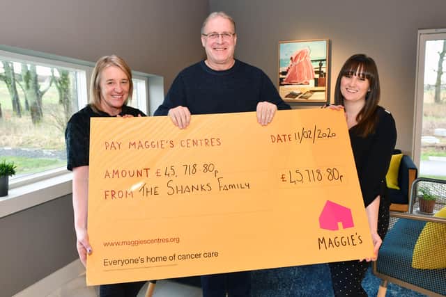 Cammy Shanks and wife Claire (left) pass over the cheque to Maggie’s fundraising organiser Charlene Graham (above right). Picture: Michael Gillen