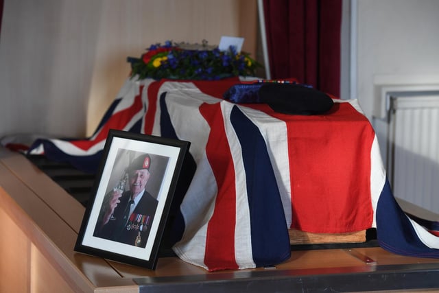 John's medals and cap on the coffin at Stonefall Crematorium Chapel