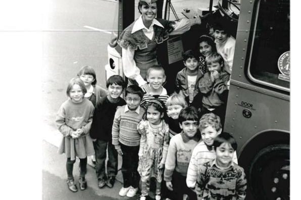 Eastmoor First School receive a visit from one of the characters in this years pantomime. Published in the Wakefield Express 14.12.1990