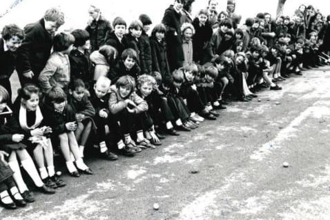 St Michaels C of E Middle School, Flanshaw, egg rolling competition, 1985.
