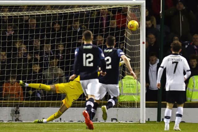 Robbie Mutch 31 save denies Danny Armstrong. Picture: Michael Gillen.