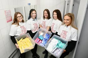 S5 pupils Tilly O'Donnell, Meredith Rae, Elle-Rose Fotheringham and Abby Reid set up Lady Business at the school, supported by Hummanities teacher Lindsay Howie.  Pic: Michael Gillen.