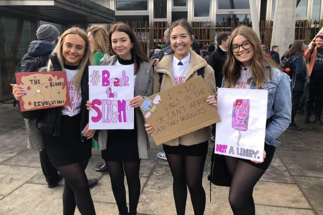 'The Ladies' took part in a rally outside the Scottish Parliament when MSPs were voting on a bill about free sanitary products for all.