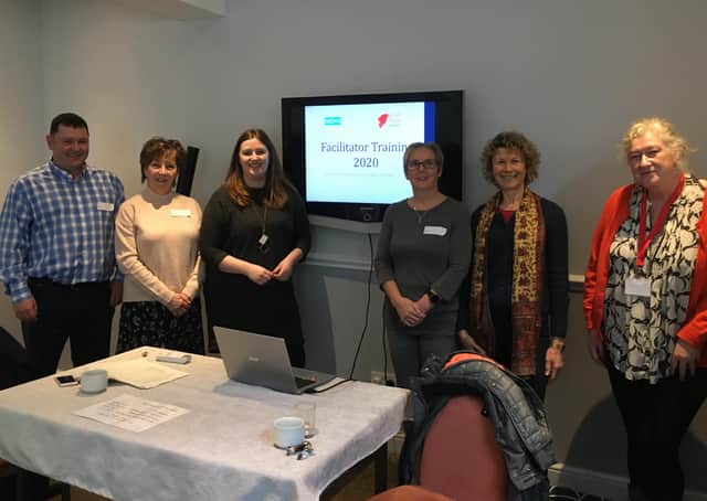 Training day...Andrew Macmillan and Wendy Diack (first and second left) on a recent training day with volunteer facilitators for the Linda Tremble Foundation.