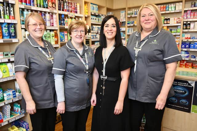Right Medicine Pharmacy in Carronshore staff  May Deans, dispenser; Karen Christie, dispenser; Gemma McCutcheon, pharmacist; and Janice Brodie, counter assistant are hoping for success in the Scottish Independent Retail Awards. Picture: Michael Gillen