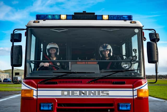 Falkirk-based firefighter Davie Lines take part in an emergency services challenge on Top Gear.  Picture shows him with Freddie Flintoff.  Pic: Lee Brimble/BBC Studios