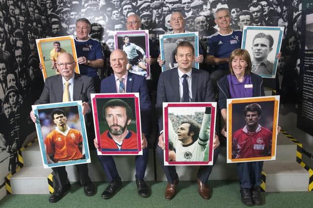 Minister for Public Health, Sport and Wellbeing, Joe Fitzpatrick, and members of the Hampden Football Memories group launched a commemorative deck of European Legends Football Memories cards to celebrate Glasgow's hosting of UEFA EURO 2020, and Football Memories' special place as an official legacy project.   The Football Memories Scotland project is a partnership between Alzheimer's Scotland and the Scottish Football Museum, which supports football fans who are living with dementia, and other forms of memory loss or who are experiencing loneliness, depression and social isolation.   Joe FitzPatrick,  joined participants and volunteers from the Football Memories Hampden group to unveil the 60 cards, designed to commemorate the European Championship's 60th anniversary whilst stimulating reminiscence and encouraging discussions within Football Memories groups.  Ian Maxwell Chief Executive Scottish FA with Joe Fitzpatrick
