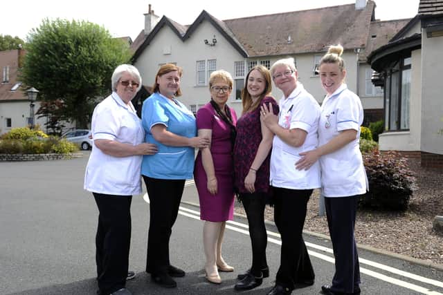 Strathcarron Hospice staff including chief executive Irene McKie (third from left) are grateful to the public for showing support during the Covid-19 lockdown. Picture: Michael Gillen.