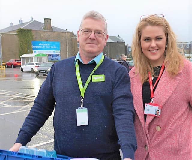 Pictured Asda manager Stephen and British Red Cross volunteer Chantal Sinclair.  Pic: GCO Photography