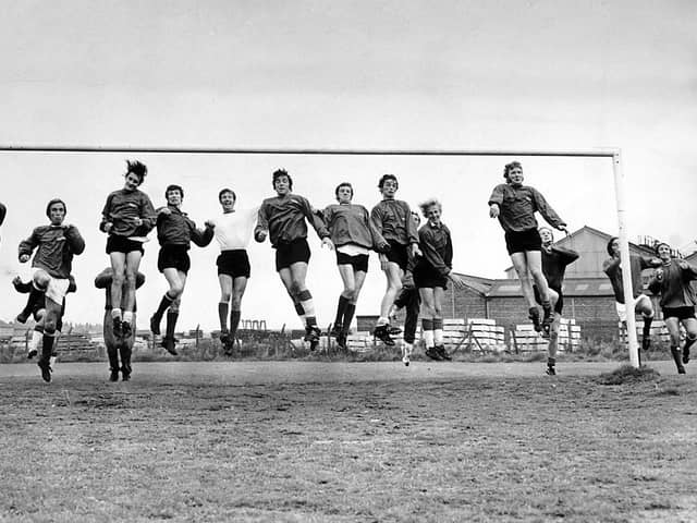 14 SEP 1971 Packing their goal but that's not how high-flying Falkirk aim to play it when they line up against English First Division side Coventry in the Texaco Cup tie at Brockville tomorrow. The Bairns' policy - all out attack.  Bleachfield Training Ground Falkirk.