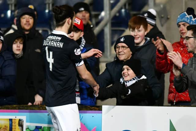 18-02-2020. Picture Michael Gillen. FALKIRK. Falkirk Stadium. Falkirk FC v East Fife FC. Matchday 24. SPFL Ladbrokes League One. Captain Gregor Buchanan 4 and fans at the end of the game.