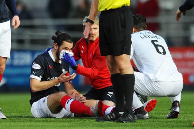 04-01-2020. Picture Michael Gillen. FALKIRK. Falkirk Stadium. Falkirk FC v Dumbarton FC. Matchday 20. SPFL Ladbrokes League One. Gregor Buchanan 4 accidental collision with Ryan Tierney 9 results in a broken nose for the Falkirk captain.