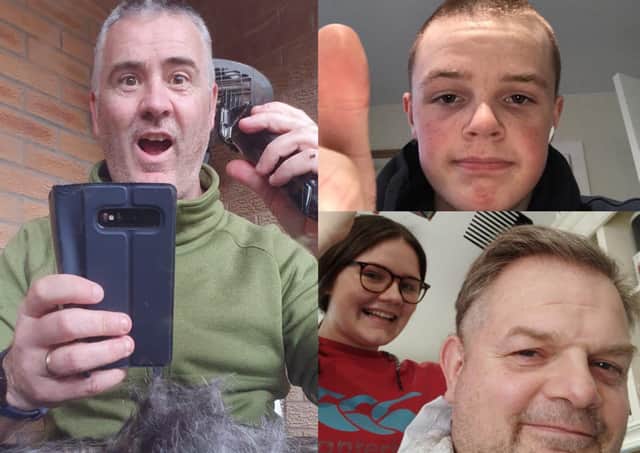 Top left: Eddie Curran involved in the challenge as well as sponsoring all the other cuts - Managing Director of CBS Consulting, Edinburgh. Top right: Findlay Chadwick, a pupil at Linlithgow Academy (15) had his hair cut by a parent. Bottom right: Nick Chadwick having his hair cut by his daughter Niamh Chadwick (17).