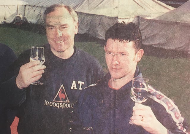Bairns’ boss Alex Totten and Kevin McAllister toast the success of the gala night.