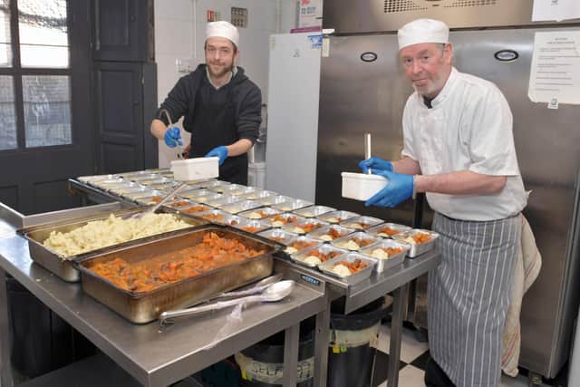The Orchard Hotel chefs Michael James and Iain Hamilton preparing free meals for distribution during lockdown. Picture: Michael Gillen.
