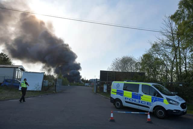 A fire took hold at Angus Braidwood and Son in Bonnybridge on Wednesday night. Picture: Michael Gillen.