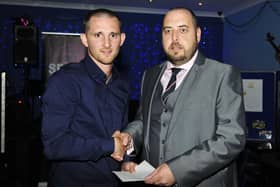 BU chairman Iain Muirhead (right), pictured with player Will Snowdon, hopes to ffind out within a fortnight if the club have gained a licence and been promoted to the Lowland League.