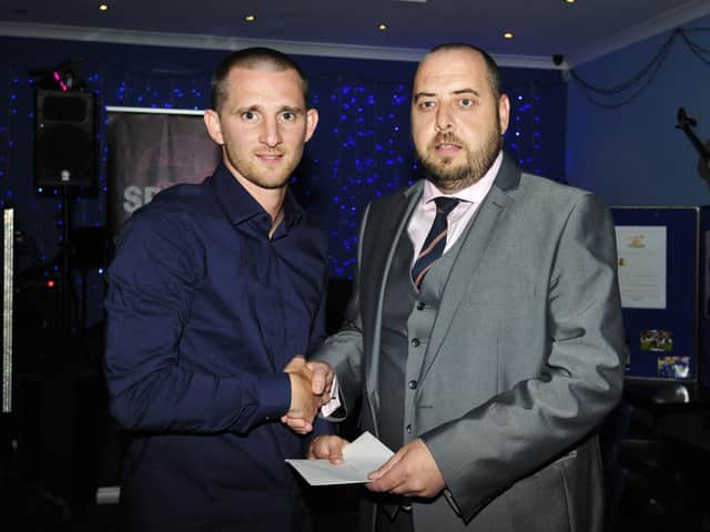 BU chairman Iain Muirhead (right), pictured with player Will Snowdon, hopes to ffind out within a fortnight if the club have gained a licence and been promoted to the Lowland League.