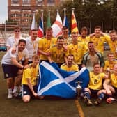 Greig (1st left) with Scotland cerebral palsy team squad after winning their first ever tournament in Barcelona last year without conceding a goal.