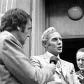 The Scotland international football team manager, former Falkirk and Rangers goalkeeper Bobby Brown speaking to the Press (including Scotsman reporter John Rafferty to Brown's right) after his dismissal by the SFA in Glasgow, July 1971.