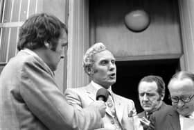 The Scotland international football team manager, former Falkirk and Rangers goalkeeper Bobby Brown speaking to the Press (including Scotsman reporter John Rafferty to Brown's right) after his dismissal by the SFA in Glasgow, July 1971.