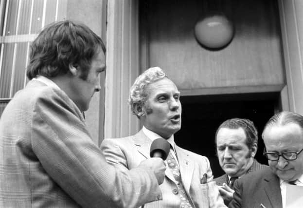 The Scotland international football team manager, former Falkirk and Rangers goalkeeper Bobby Brown speaking to the Press (including Scotsman reporter John Rafferty to Brown's right) after his dismissal by the SFA in Glasgow, July 1971.