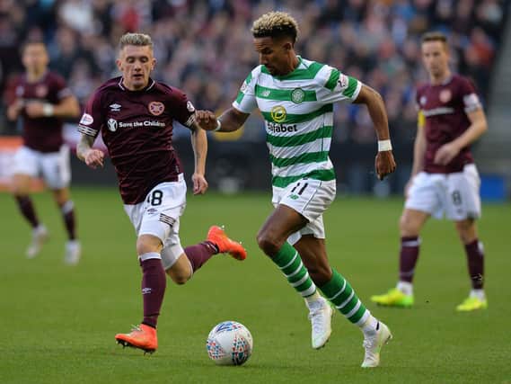 New Falkirk signing Callumn Morrison in action for Hearts against Celtic's Scott Sinclair