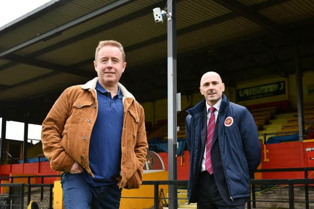 Mark Millar and Iain McMenemy, Chairman Stenhousemuir FC. Picture: Michael Gillen.