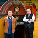 Iain McMenemy, Chairman Stenhousemuir FC; Mark Millar and Iain Benton, Chairman Albion Rovers FC. Picture: Michael Gillen.
