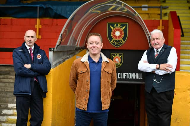 Iain McMenemy, Chairman Stenhousemuir FC; Mark Millar and Iain Benton, Chairman Albion Rovers FC. Picture: Michael Gillen.