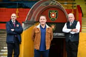 Iain McMenemy, Chairman Stenhousemuir FC; Mark Millar and Iain Benton, Chairman Albion Rovers FC. Picture: Michael Gillen.