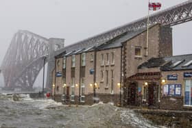 Stock photo of the lifeboat station in South Queensferry under the Forth Bridge.