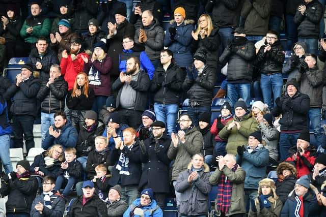 Falkirk fans turned out in huge numbers - including here against Peterhead on the last matchday before lockdown. Picture: Michael Gillen.