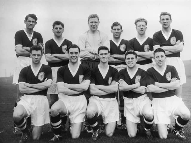 The Scotland football team set to take part in the World Cup in Sweden, 13th May 1958. From left to right, (back row) John Davidson Hewie, Eric Caldow, Thomas Younger, Edward Hunter Turnbull, Robert Evans and Douglas Cowie; (front row) Graham Leggat, James Murray, John Knight Mudie, Robert Young Collins and James John Stewart Imlach.  (Photo by Keystone/Hulton Archive/Getty Images)