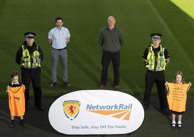 Training sessions...not only to learn silky skills but key rail safety messages. Pictured at the launch event at Easter Road are (l-r) Alfie Hocknull, Stuart Livingstone, Paul McNeil, Mark Henderson, Bryan O'Neill and Zoe Hocknull (Pic: Paul Devlin)