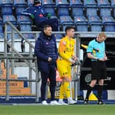 PJ Morrison about to come on as a Falkirk substitute against Forfar Athletic (Pic by Michael Gillen)