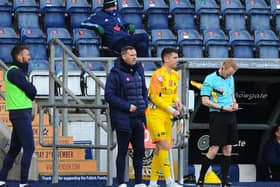 PJ Morrison about to come on as a Falkirk substitute against Forfar Athletic (Pic by Michael Gillen)
