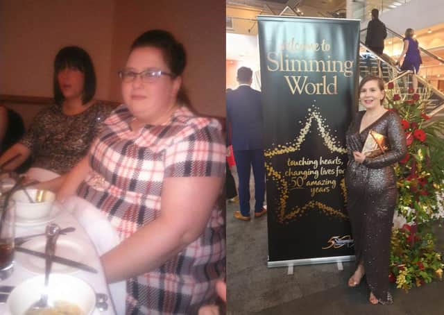 Lisa MacIntosh of the Bo’ness Slimming World Group, pictured before and after her weight loss.
