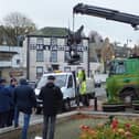 The new ‘St Michael’ statue and its granite plinth are now in place at Low Port, Linlithgow.