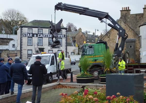 The new ‘St Michael’ statue and its granite plinth are now in place at Low Port, Linlithgow.