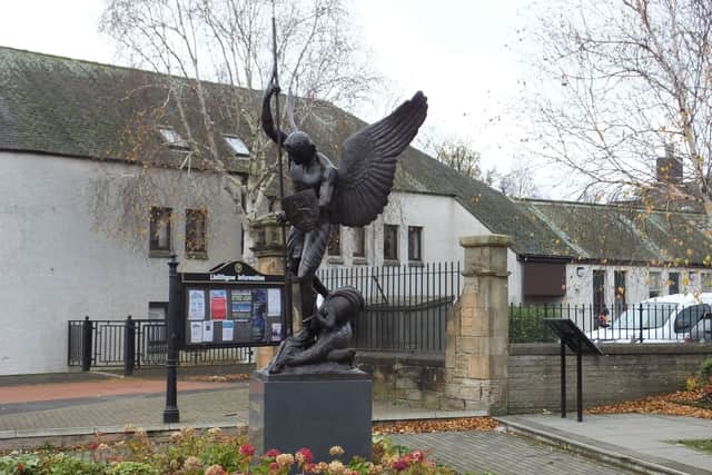 The new ‘St Michael’ statue and its granite plinth are now in place at Low Port, Linlithgow.