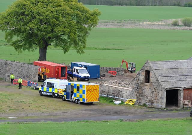 Police on the scene at Myrehead Farm in May 2019. Picture Michael Gillen.