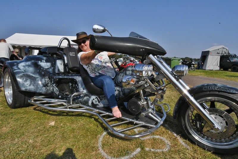 MCN Festival of Motorcycling at the East of England Arena.   Brenda Jones on her tri-bike EMN-210509-175158009