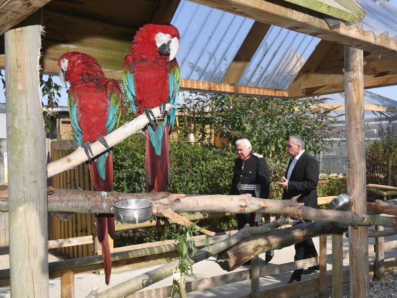 Steve Nichols talking parrots with the Lord Lieutenant of Lincolnshire Mr Toby Dennis during the tour.