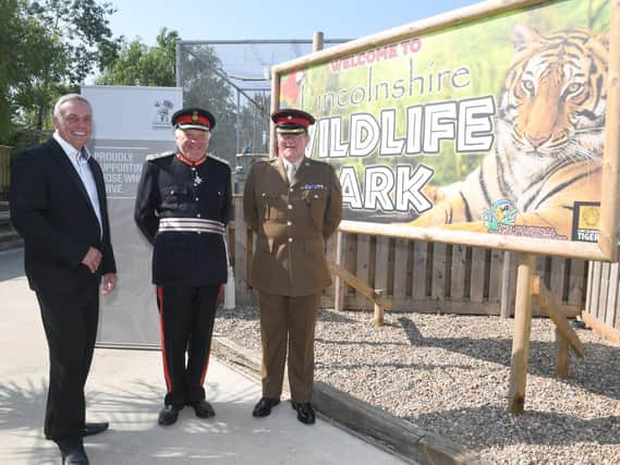 Steve Nichols, the Chief Executive of Lincolnshire Wildlife Park, pictured with the park's patron, the Lord Lieutenant of Lincolnshire Mr Toby Dennis, and Major Mitch Pegg, Officer Commanding of the 3rd Battalion The Royal Anglian Regiment.