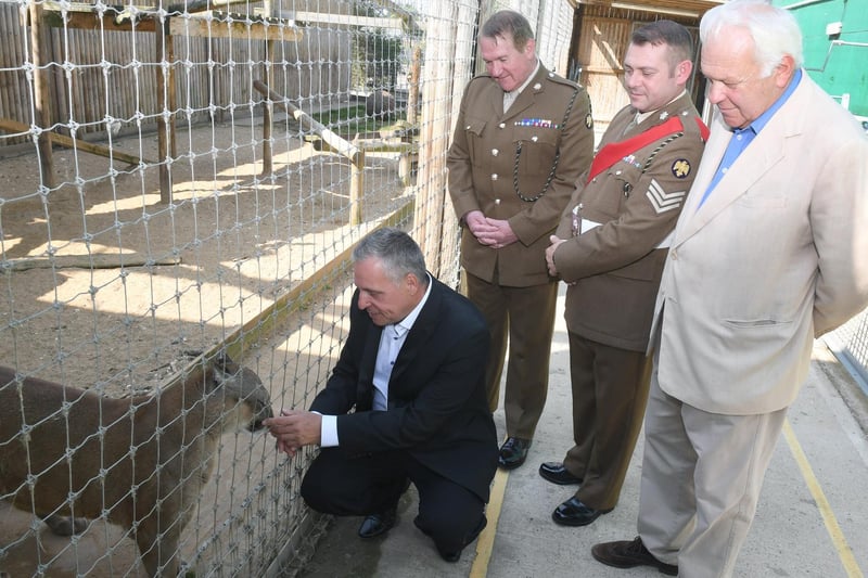 Steve Nichols, the Chief Executive of Lincolnshire Wildlife Park, gets up close with Nigel the Puma, watched by Major Mitch Pegg, Officer Commanding of the 3rd Battalion The Royal Anglian Regiment.Sgt Stephen Grant, and the Lord Lieutenant of Lincolnshire, Mr Toby Dennis.