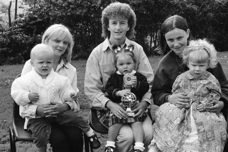 Prizewinners in the Bonny Baby 1-3 years at the 1996 Ballymagroarty Festival. From left, are David O’Hagan (2nd), with his mother, Annette, Jamie Lee McEleney (1st), with his mother, Deirdre, and Nadine Dalzell (3rd), with Michelle Doherty.