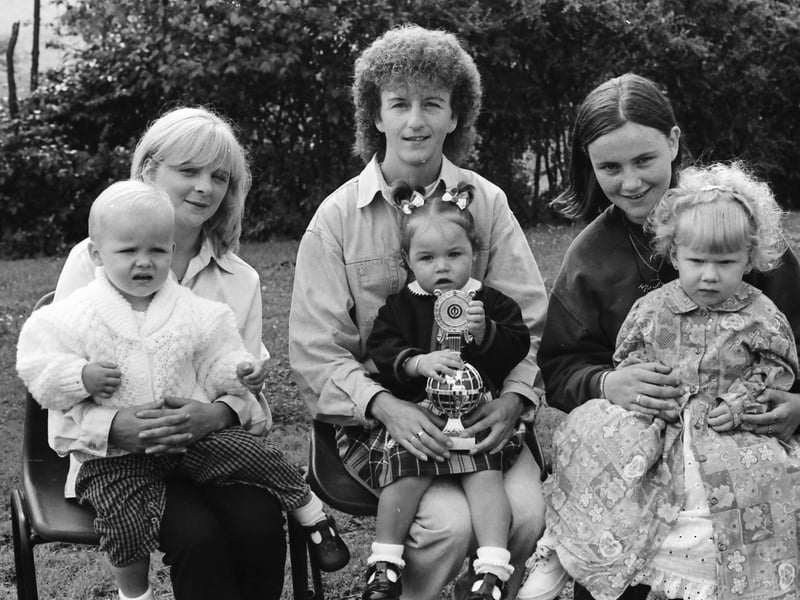 Prizewinners in the Bonny Baby 1-3 years at the 1996 Ballymagroarty Festival. From left, are David O’Hagan (2nd), with his mother, Annette, Jamie Lee McEleney (1st), with his mother, Deirdre, and Nadine Dalzell (3rd), with Michelle Doherty.