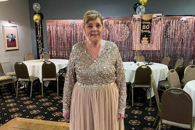 A glamorous Joan Burke celebrating he 80th birthday. Pic: Contributed